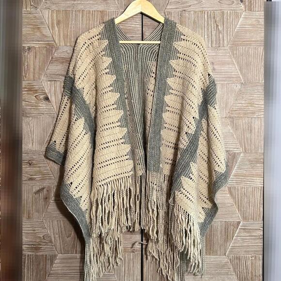 Jackets & Blazers - Women Beige And Gray Knit Poncho Shawl With Fringe One Size Bohemian